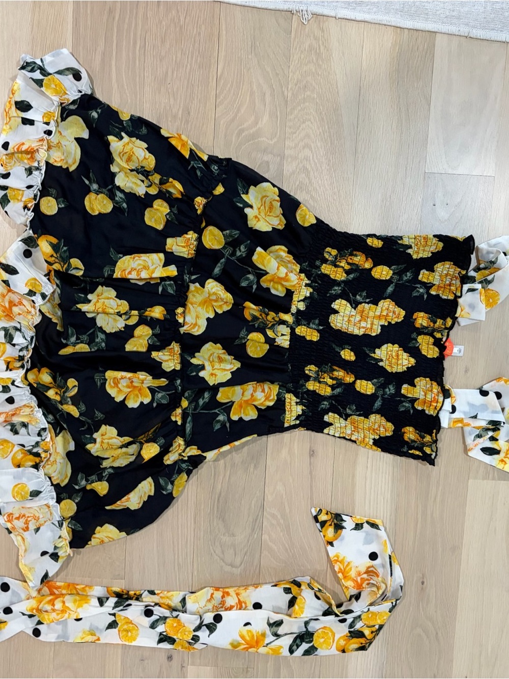 River Island Smocked Black & Yellow Floral Tie-Waist Sundress - Picture 3 of 5